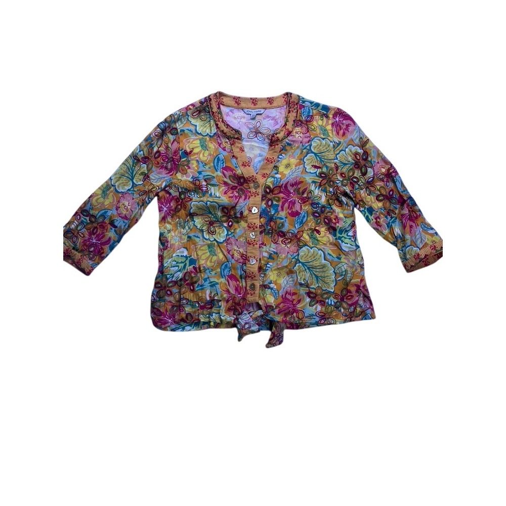John Mark Floral‎ Button Up Blouse Women PS Yellow Embroidered Tie Front Top